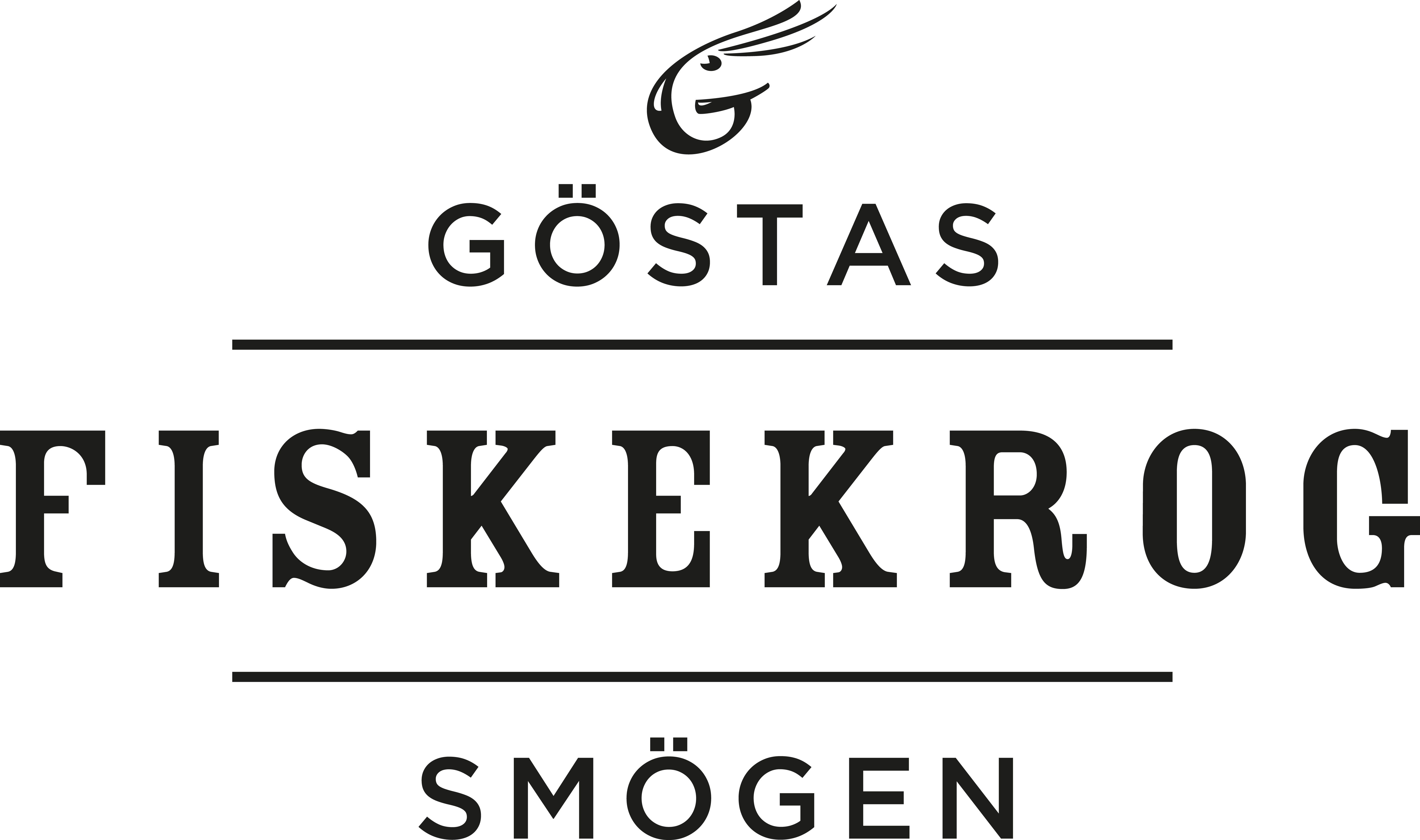 Logotypen presenterar en oval form med "Göstas Fisk & Skaldjur Smögen" i djärva röda och svarta bokstäver. En stiliserad fisk pryder toppen som påminner om Smögenbryggans charm. Bakgrunden är vit inramad med en elegant svart kant, som fångar essensen av en kustfiskekrog.